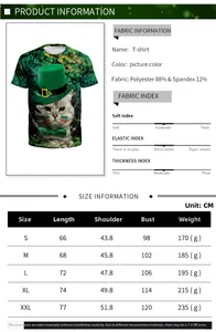 Detailed size chart and fabric info for St. Patrick's Day green cat print T-shirt