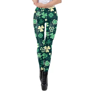 Women's St. Patrick's Day green shamrock print yoga leggings with elastic slim fit