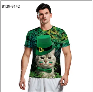 Close-up of Saint Patrick's Day 3D digital print featuring a cat in a green hat on a T-shirt