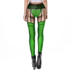 Leggings femme Saint-Patrick avec imprimé 3D porte-jarretelles et motifs dentelle verte