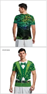 Front and back view of St. Patrick's Day 3D printed t-shirt with green clover suit pattern