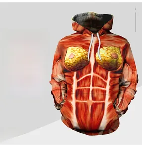 Makro-Detail des anatomischen 3D-Muskeldrucks auf dem Langarm-Kapuzenpullover