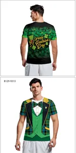Front and back detail of 3D printed St. Patrick's Day T-shirt with shamrock and tuxedo design