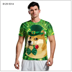 Close-up of Saint Patrick's Day Doge graphic printed on green polyester t-shirt