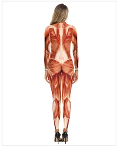 Detail eines Damen-Bodysuits mit realistischem 3D-Muskelanatomie-Digitaldruck am Rücken