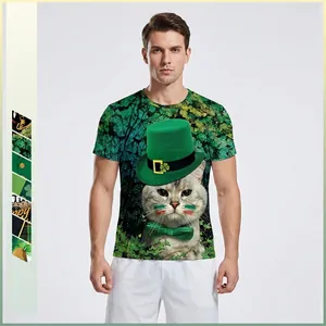 Men St Patrick's Day 3D Digital Print T-Shirt Loose Casual Festive Top Shamrock Cat Dinosaur Doge Short Sleeve T-Shirt