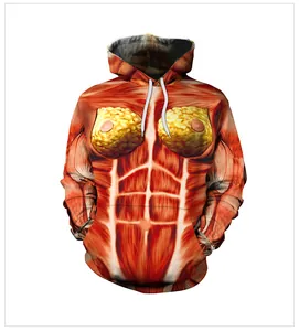 Detail der 3D-Anatomie-Digitaldrucke mit Muskel- und Fettgewebe auf Langarm-Kapuzenpullover