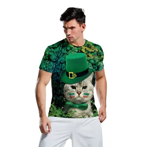St. Patrick's Day 3D cat print t-shirt featuring green hat and shamrock patterns