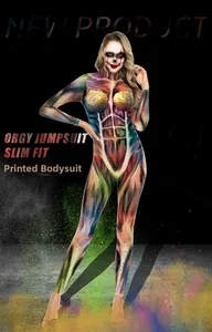 Detailed muscle skeletal print jumpsuit for Halloween party with digital graphic art