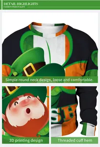 Détails du trèfle de la Saint-Patrick et des poignets côtelés sur le sweat-shirt
