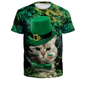 St. Patrick's Day 3D printed t-shirt featuring a festive cat in a green hat and shamrocks