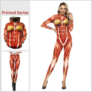 Damen Realistische 3D Menschlicher Muskel Anatomie Druck Jumpsuit Halloween Cosplay Kostüm Skinny Leggings Kapuzenpullover Party Outfit