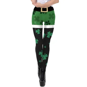 Legging femme pour la Saint-Patrick avec imprimé trèfle vert et motif ceinture