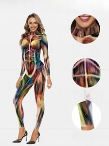 Detail view of the stand collar and 3D muscle anatomy printing on this slim fit jumpsuit