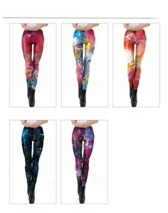 Detailansicht von fünf verschiedenen 3D-Galaxie- und geometrisch bedruckten Leggings