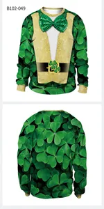 Détail du sweat-shirt Saint-Patrick avec imprimés trèfles et design numérique de gilet doré