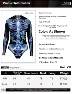 Size chart and fabric specs for a skeleton and butterfly muscle print bodysuit