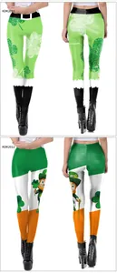 Détail de leggings de la Saint-Patrick avec motifs de trèfles et de leprechauns