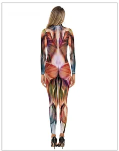 Back view of bodycon jumpsuit featuring 3D anatomical muscle tissue print for Halloween