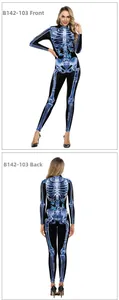 Front and back view of women's jumpsuit with 3D skeleton digital print for Halloween