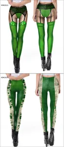 Détails avant et arrière des leggings de la Saint-Patrick avec imprimés trèfle vert