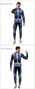 Front and back detail of muscular skeleton jumpsuit for Halloween party costume