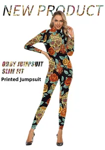 Close-up of sugar skull and floral print on long sleeve slim fit festival jumpsuit