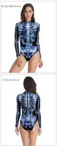 Front and back view of black bodysuit with blue glowing skeleton and butterfly print