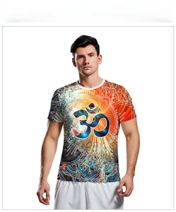 Detail of 3D digital print Om symbol and fluid mandala pattern on men's summer t-shirt