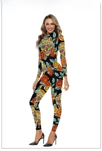 Detailed close-up of 3D colorful skull and rose floral print on long sleeve bodysuit
