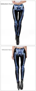 Front and back view of women's skeleton print leggings for Halloween party costume