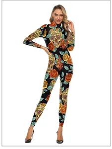 Detailed front view of women's catsuit with Day of the Dead sugar skull and rose print