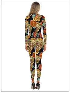 Back view detail of fitted long sleeve jumpsuit with Day of the Dead skull and floral print