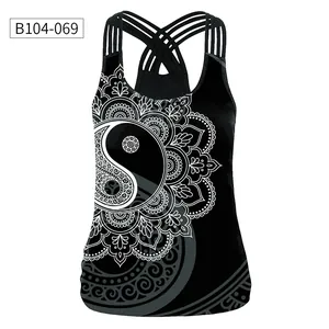 Detail of cross back straps on black 3D flower print women's racerback sports bra