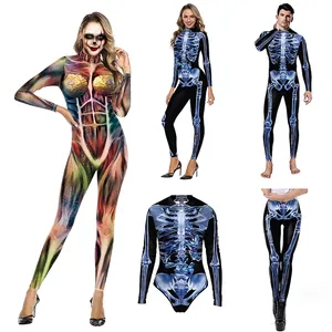 Women Halloween Horror Muscle Skeleton 3D Digital Print Jumpsuit Long Sleeve Stand Collar Cosplay Party Costume Polyester Spandex Slim Catsuit