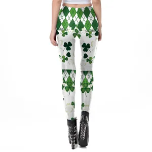 Leggings femme Saint-Patrick à taille haute avec motifs à losanges verts et trèfles
