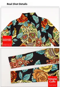 Detail of high-stretch fabric with sugar skull and floral prints and back collar zipper