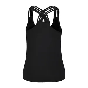 Women's black slim fit tank top featuring cross-back multi-strap design for fitness