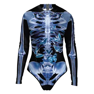 Skeleton muscle bodysuit with blue X-ray bone print and neon butterflies for Halloween