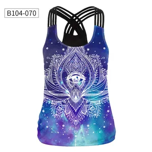 Detail of cross back straps on a 3D floral galaxy print tank top with mandala pattern