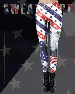 Detail of high-waist leggings featuring patriotic American eagle and flag stripe prints