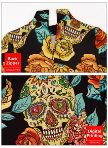 Detail view of smooth back zipper closure and 3D floral skull digital printing