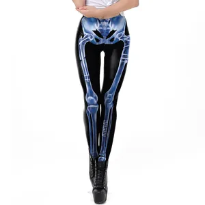 Black muscle skeleton leggings with blue X-ray bone print for Halloween party costumes