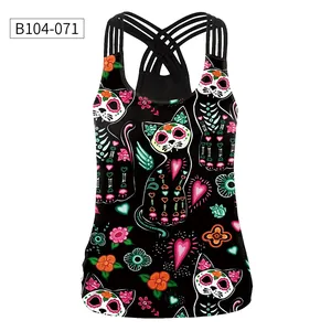 Close-up of 3D floral cat print on women cross back tank top with vibrant skull patterns