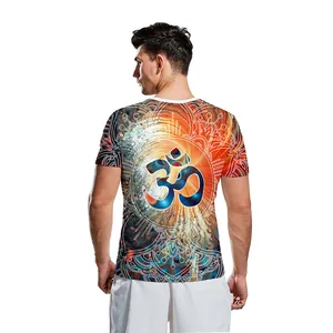 Men's loose white T-shirt featuring a 3D digital Om print and colorful mandala on back