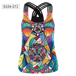 Detail of cross-back straps and colorful geometric 3D print on women's tank top