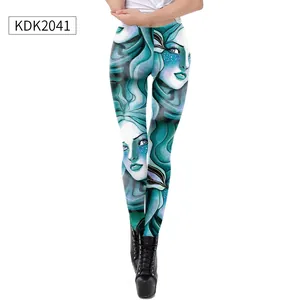 Détail de leggings de yoga taille haute avec imprimé numérique 3D de visage de sirène