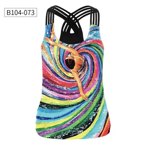 Detail of cross-back straps and colorful 3D digital floral print on active tank top