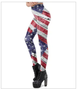Detail of high-waist leggings with American flag wood-grain print and slim fit cut