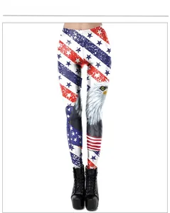 Detail of slim-fit leggings with vintage American eagle and stripe pattern